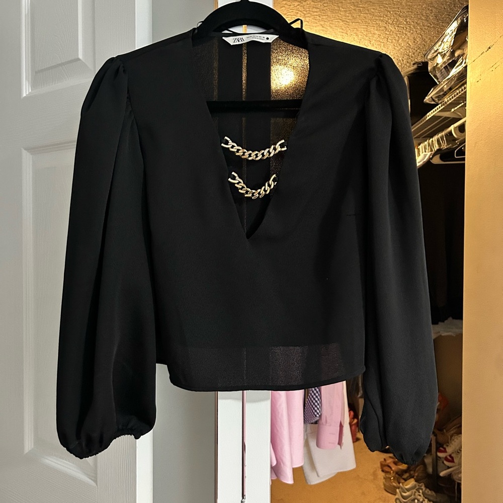 Zara Black Blouse with Gold Chain Accent